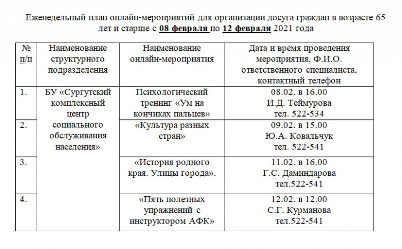 План еженедельных онлайн-мероприятий для организации досуга граждан в возрасте 65 лет и старше